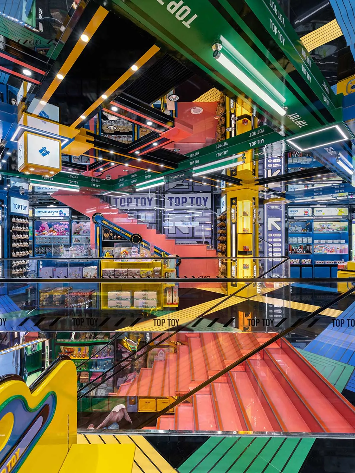 A vibrant, colorful retail space with various merchandise and functional areas.