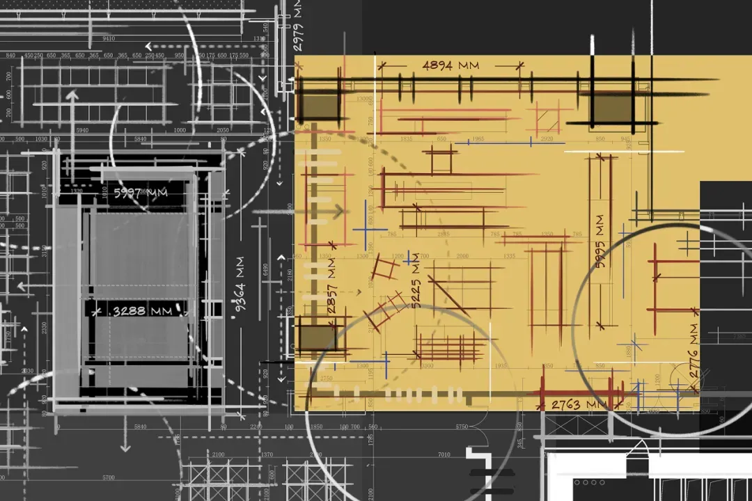 Architectural blueprint of a building plan showing structural and layout details.