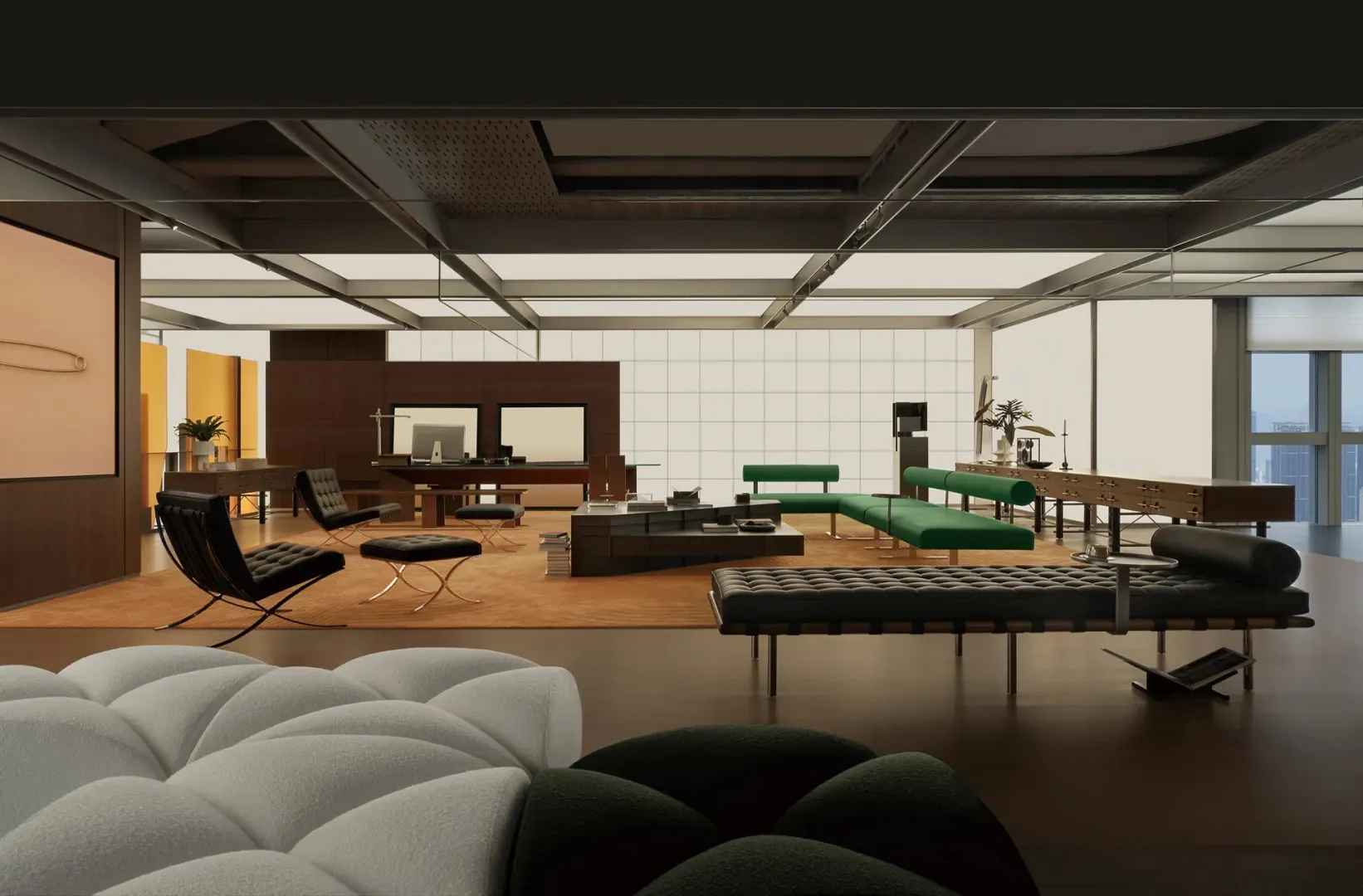 Modern living room interior with wood and metal furniture and decor.