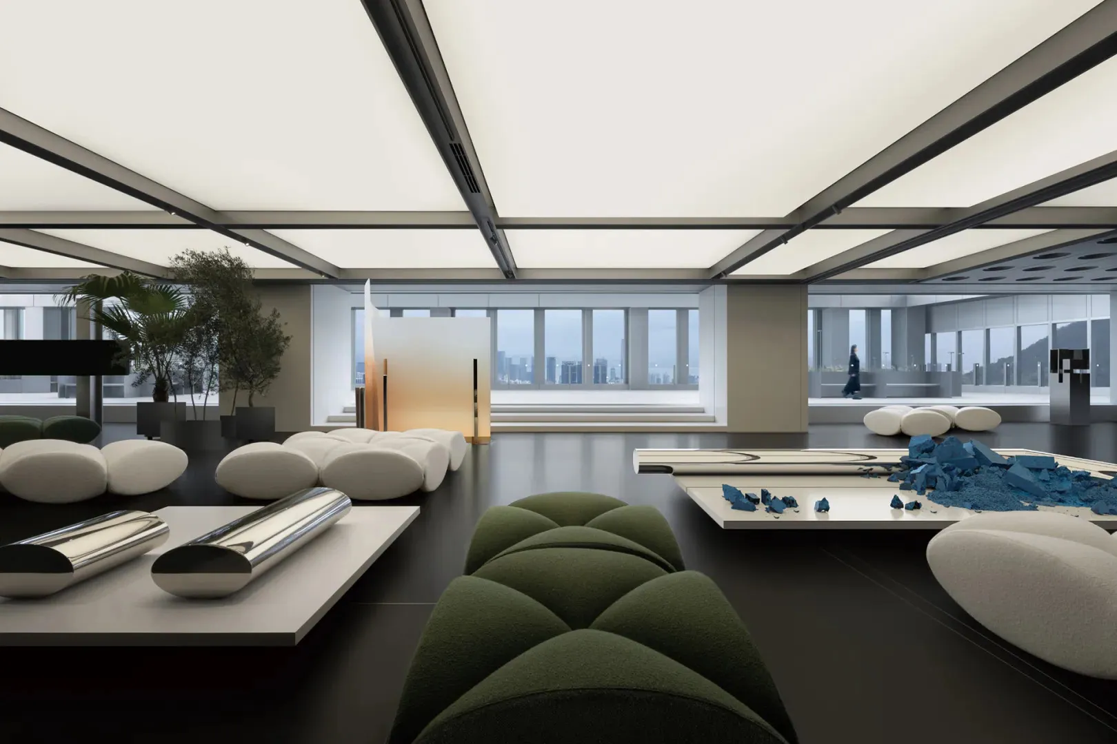 A modern office space featuring industrial design elements with metal, glass, and concrete materials.