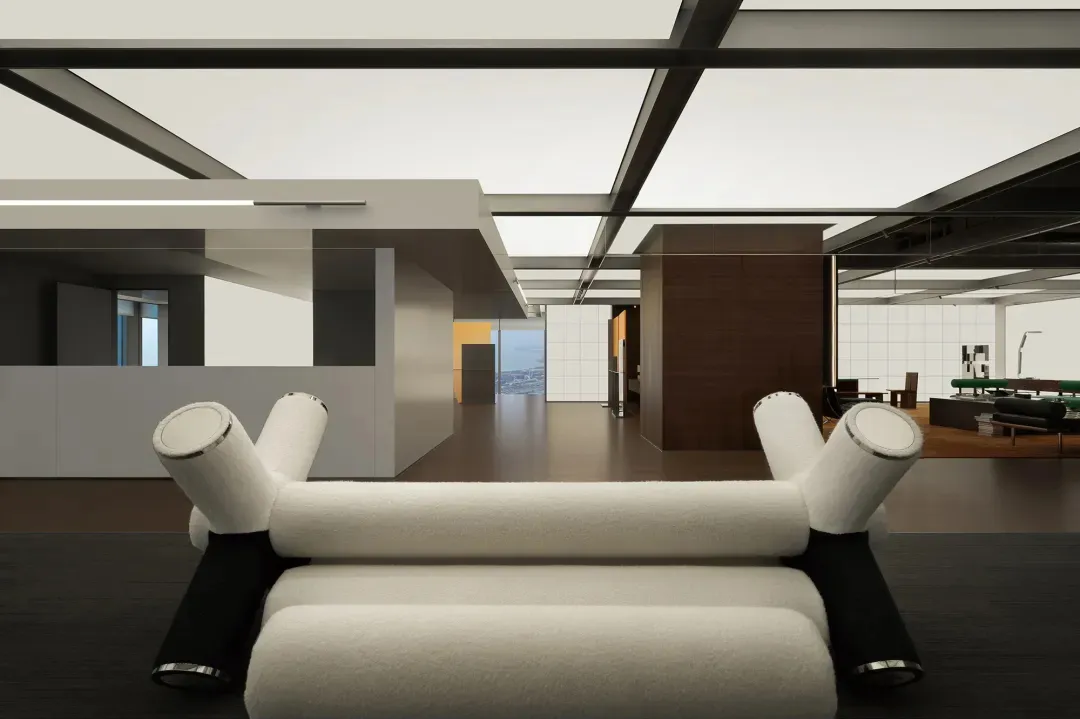 Modern minimalist office space with sleek, contemporary furniture and clean lines.