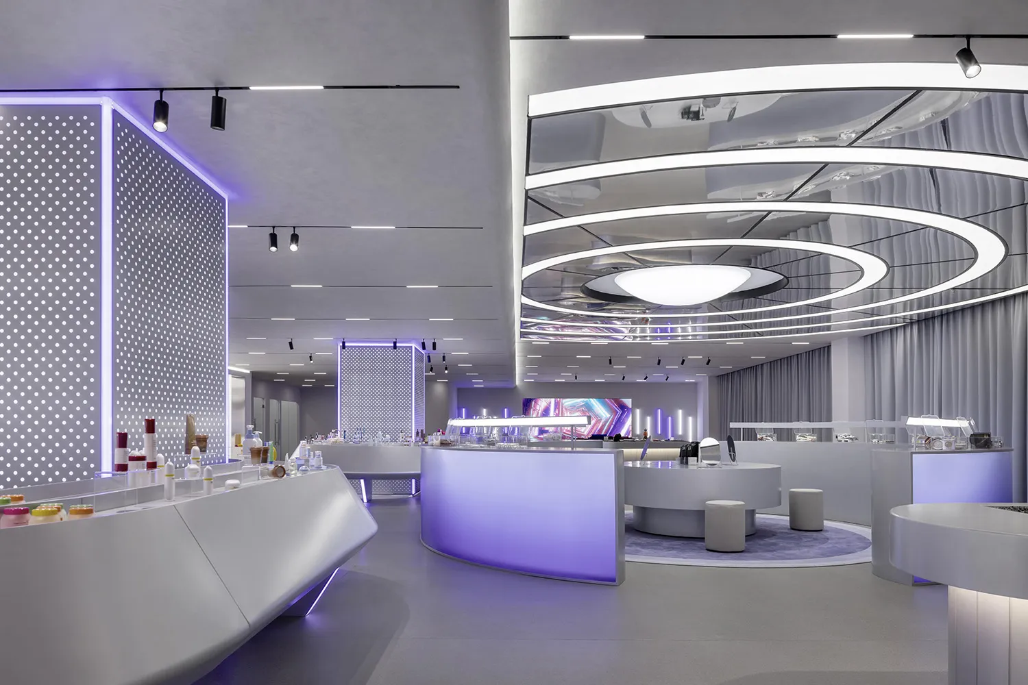 A modern restaurant interior featuring minimalist design with concrete and glass materials.