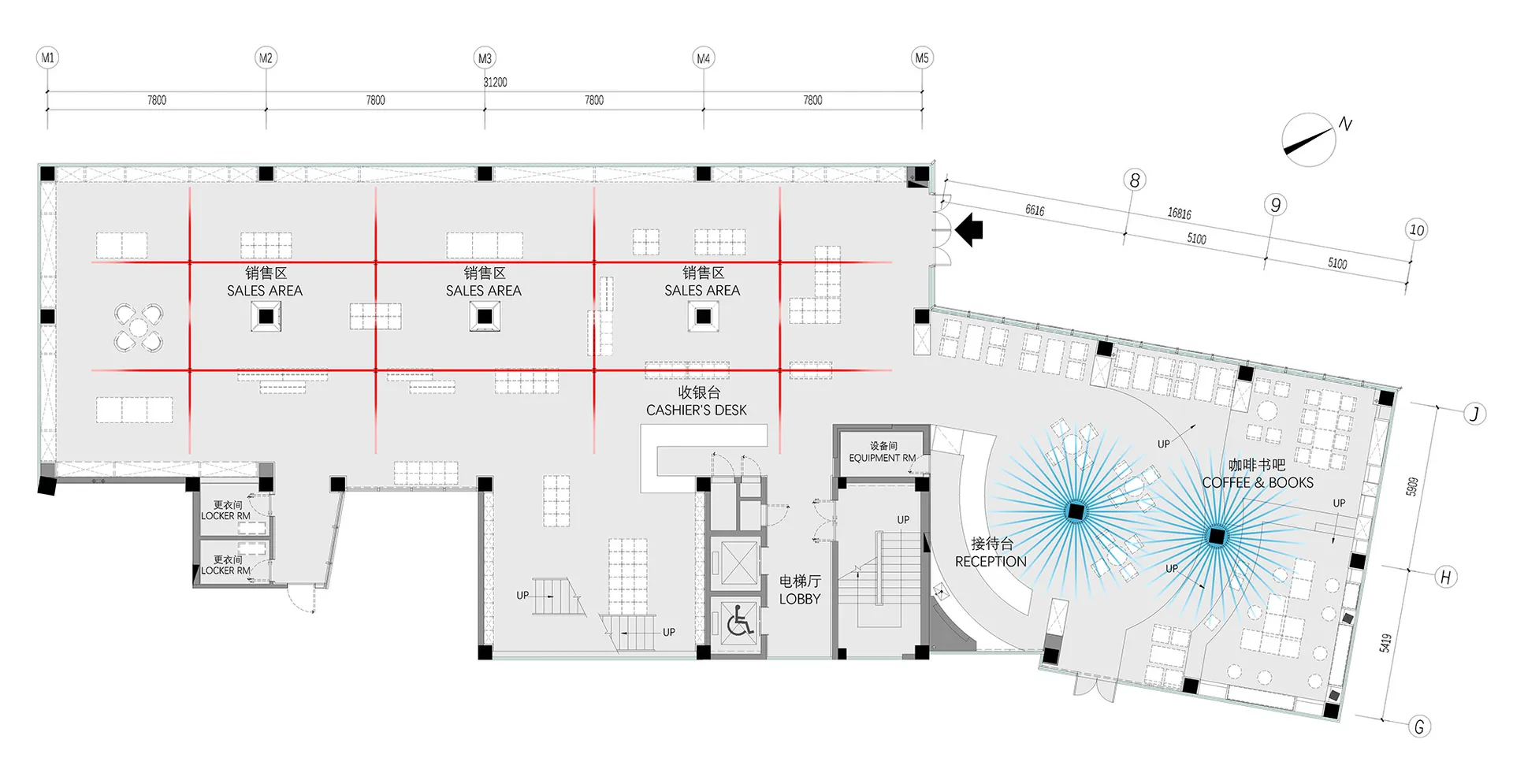 Detailed layout plan of a sales office with designated sales areas, a cashier's desk, locker rooms, and other functional zone