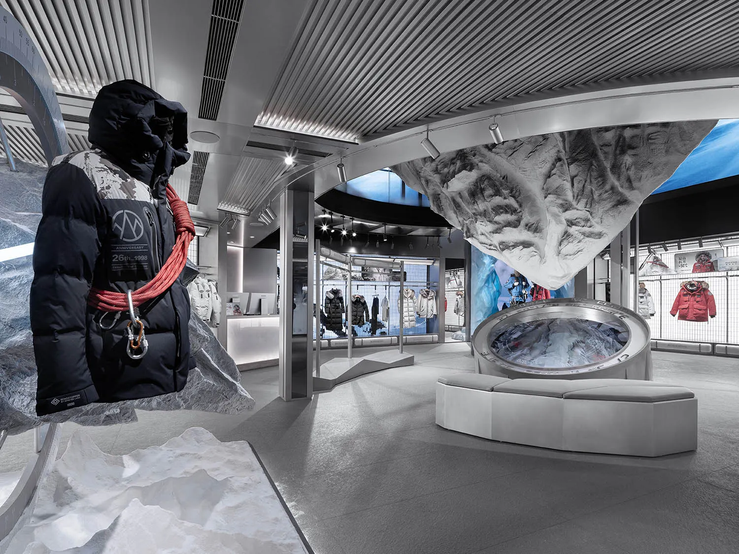 An industrial-themed retail shop featuring glass elements and a modern design.