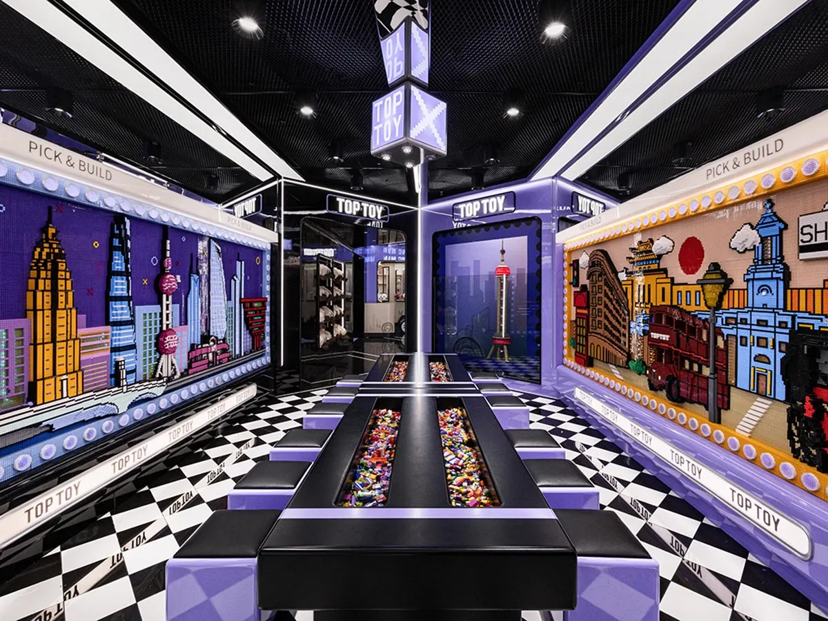 Playtime center featuring a volcanic design theme in black and purple colors