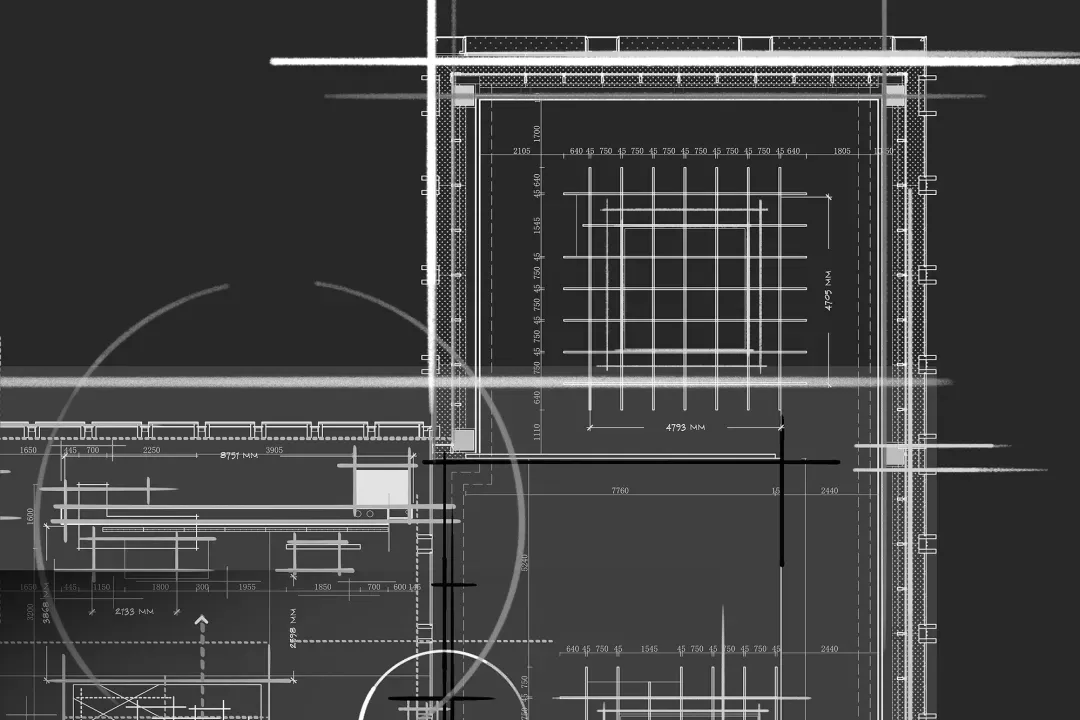 Concrete floor plan of an office space with grid layout and dimensions