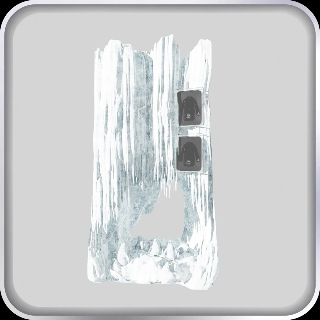 An ice cube with two clothing models displayed inside it.