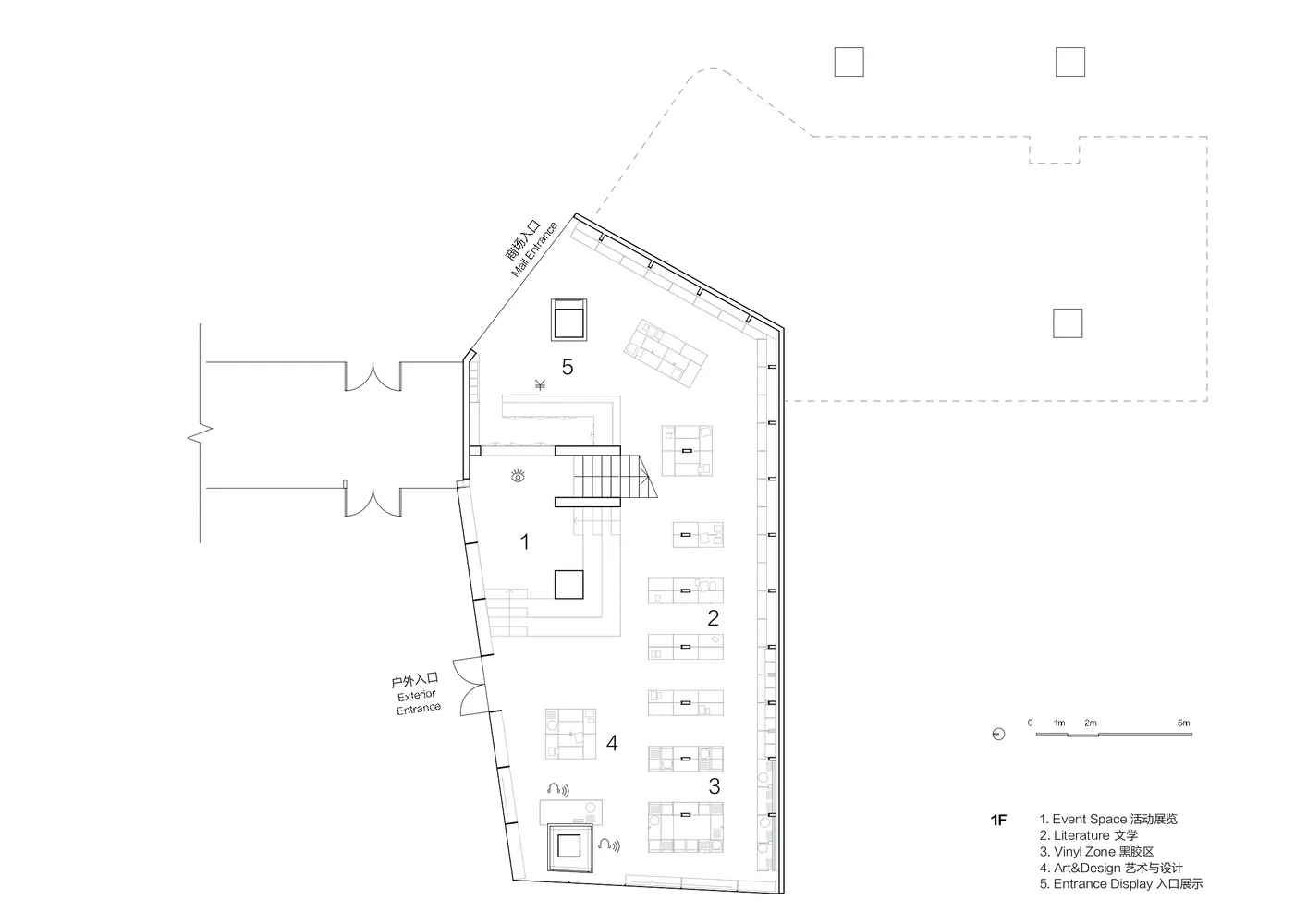 Floor plan of a modern office space drawing in black and white lines with numbers indicating different sections.