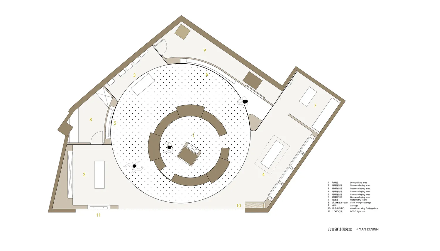 A floor plan of a spiral-shaped architectural space with a central round area surrounded by unique rooms.