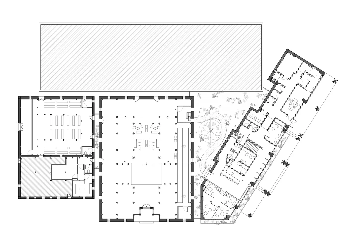 A detailed 2D architectural drawing of an office building, showing floor plans and structural elements.