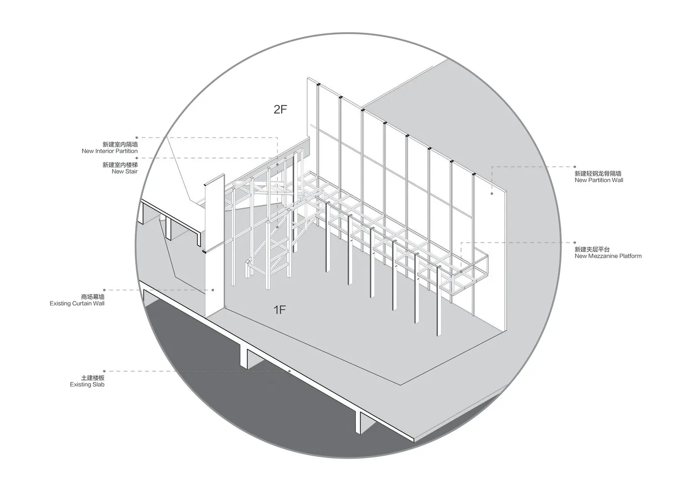 A steel interior design featuring structural beams and frameworks.