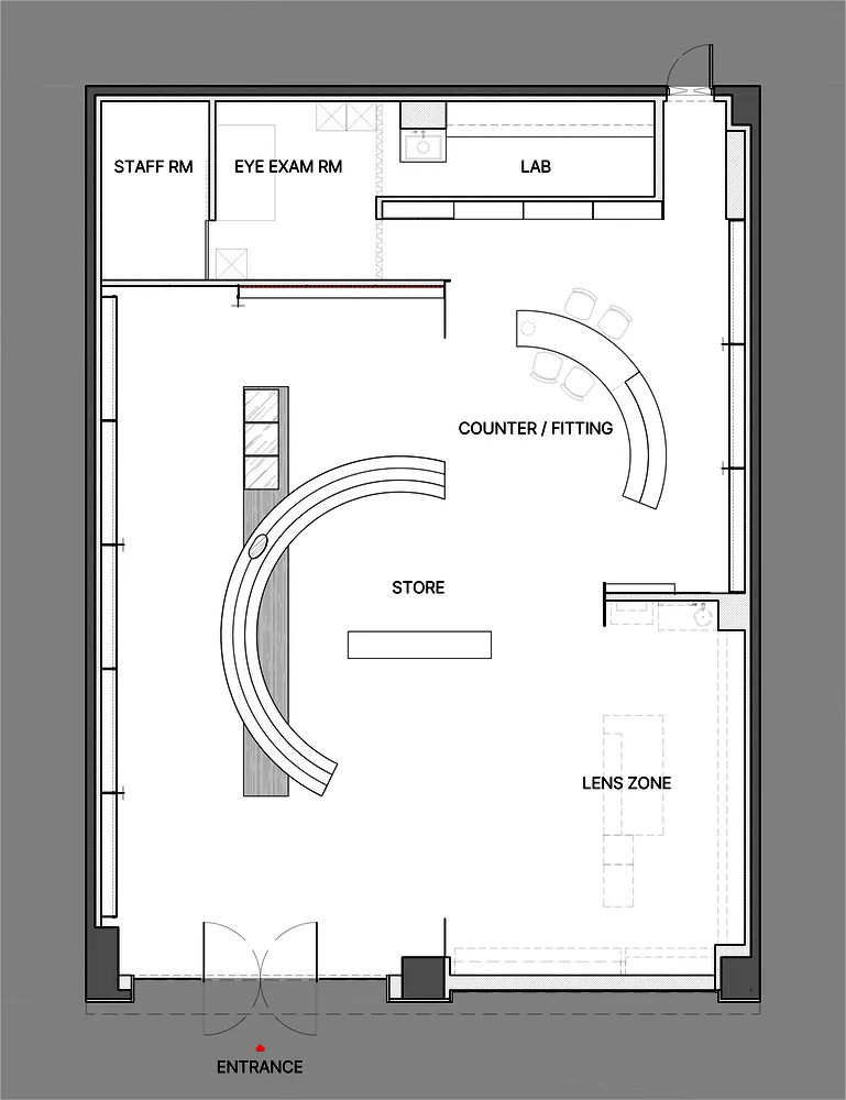 Floor plan layout of an eye care center including staff room, eye examination room, lab, counter/fitting area, store, lens zo