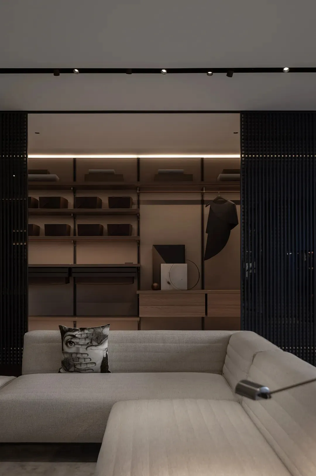 Modern interior design with neutral tones focusing on a closet area.