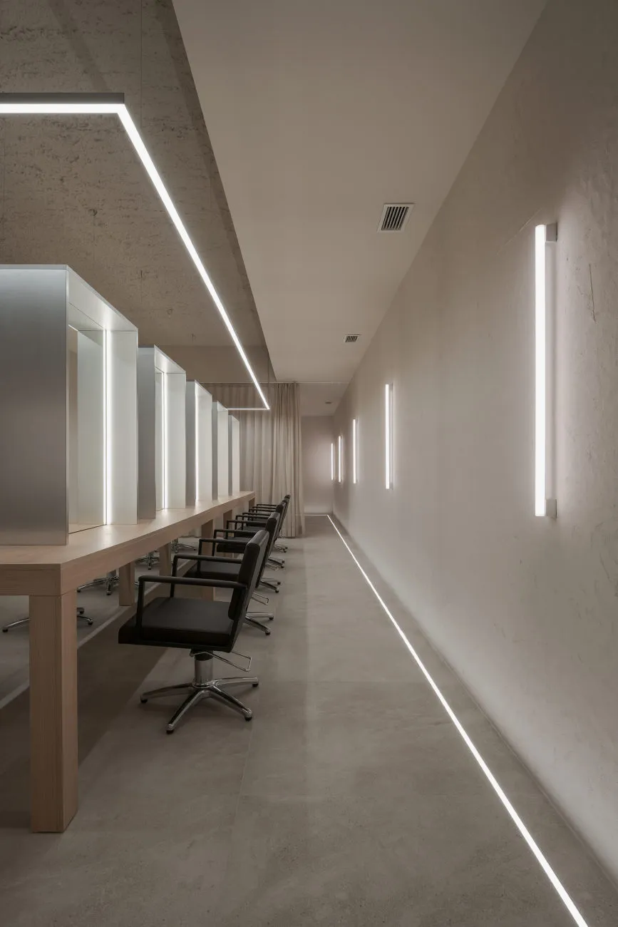 Modern salon interior with concrete walls and split-level design.