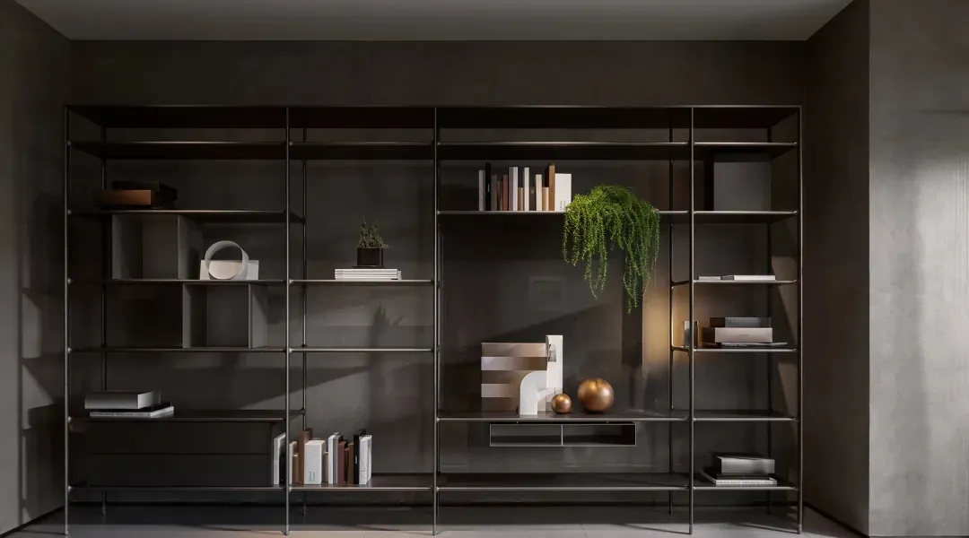 Minimalist interior design featuring a metallic bookshelf unit with books, plants, and decorative items.