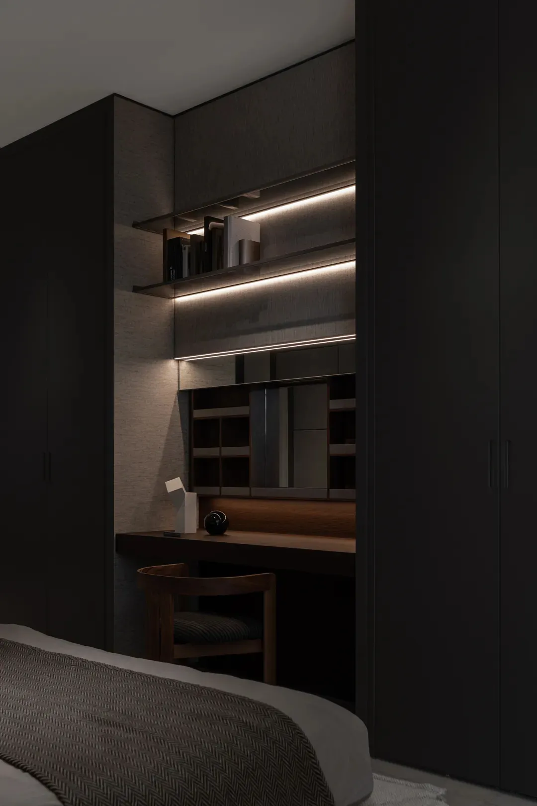 A modern bedroom with wood, leather, and metal accents