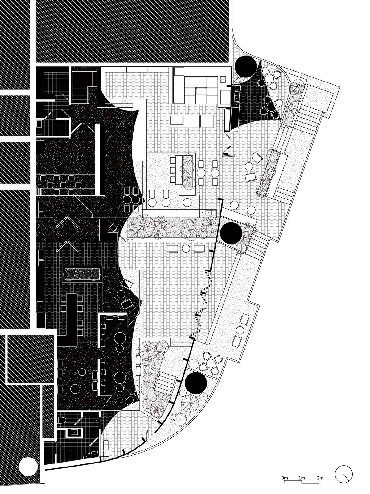A detailed architectural floor plan of a commercial space, showing various functional zones and layouts.