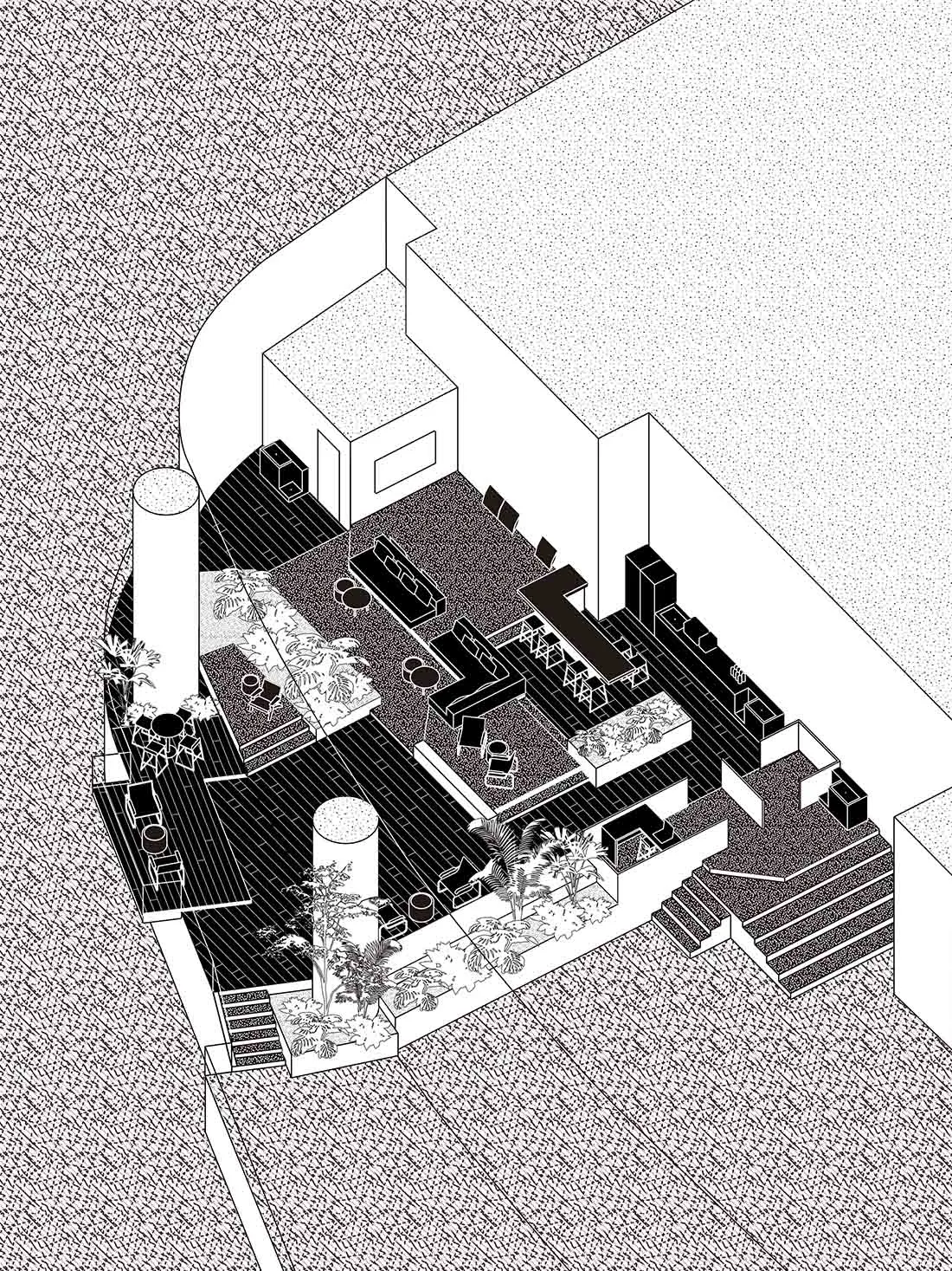 An architectural layout plan of a roof deck garden with wooden surfaces, concrete planters, and glass railings surrounded by