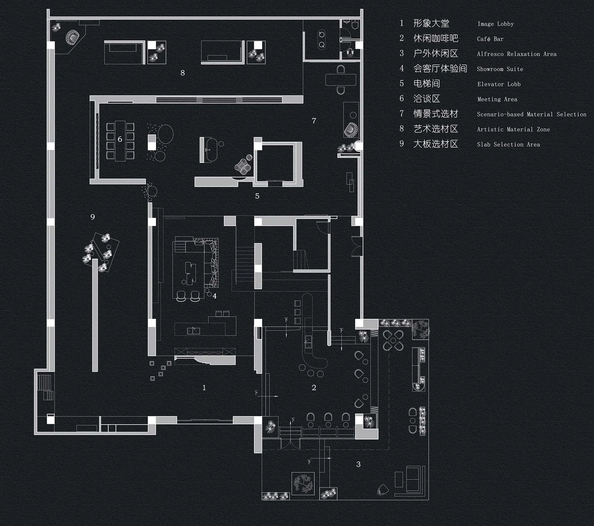 Floor plan depicting an office space layout with various functional zones.