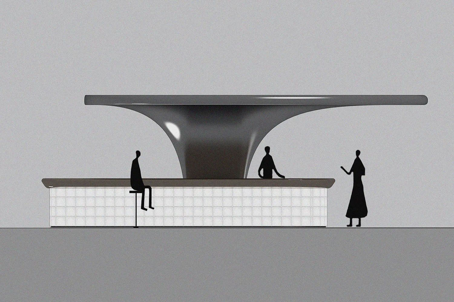 A minimalist modern reception counter showcasing sleek metal design features.