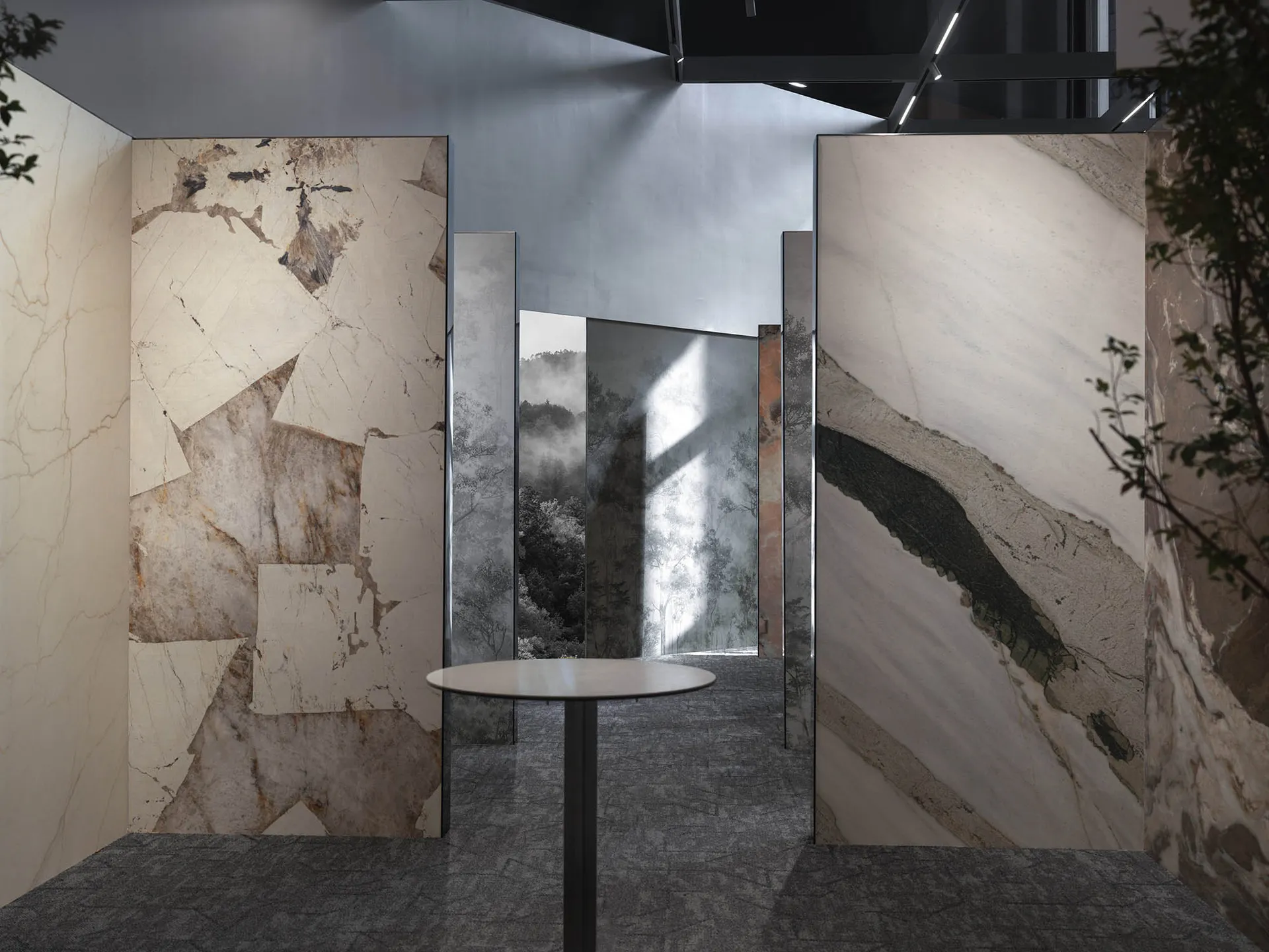 A modern industrial lobby with marble walls and a reflective mirror.