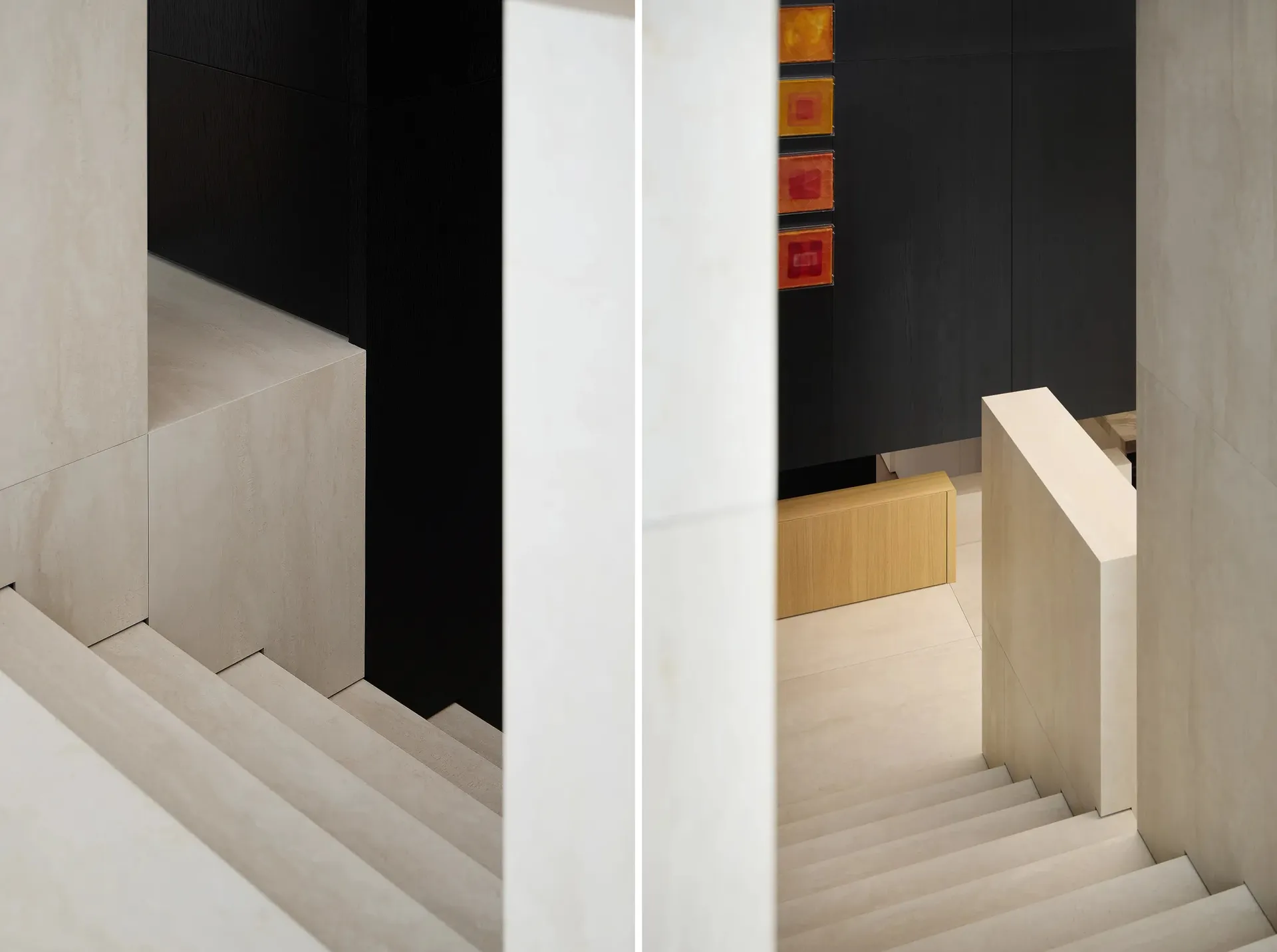Concrete stairs with a modern aesthetic, accompanied by wooden cabinets.