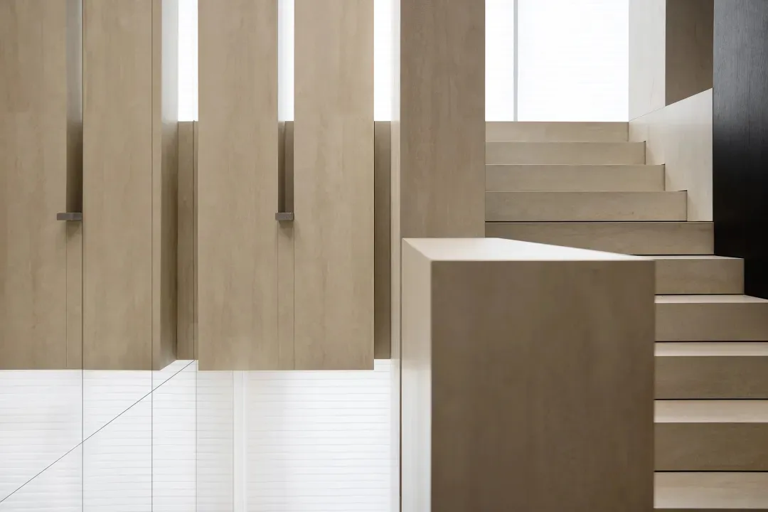 A modern interior design with wooden elements.