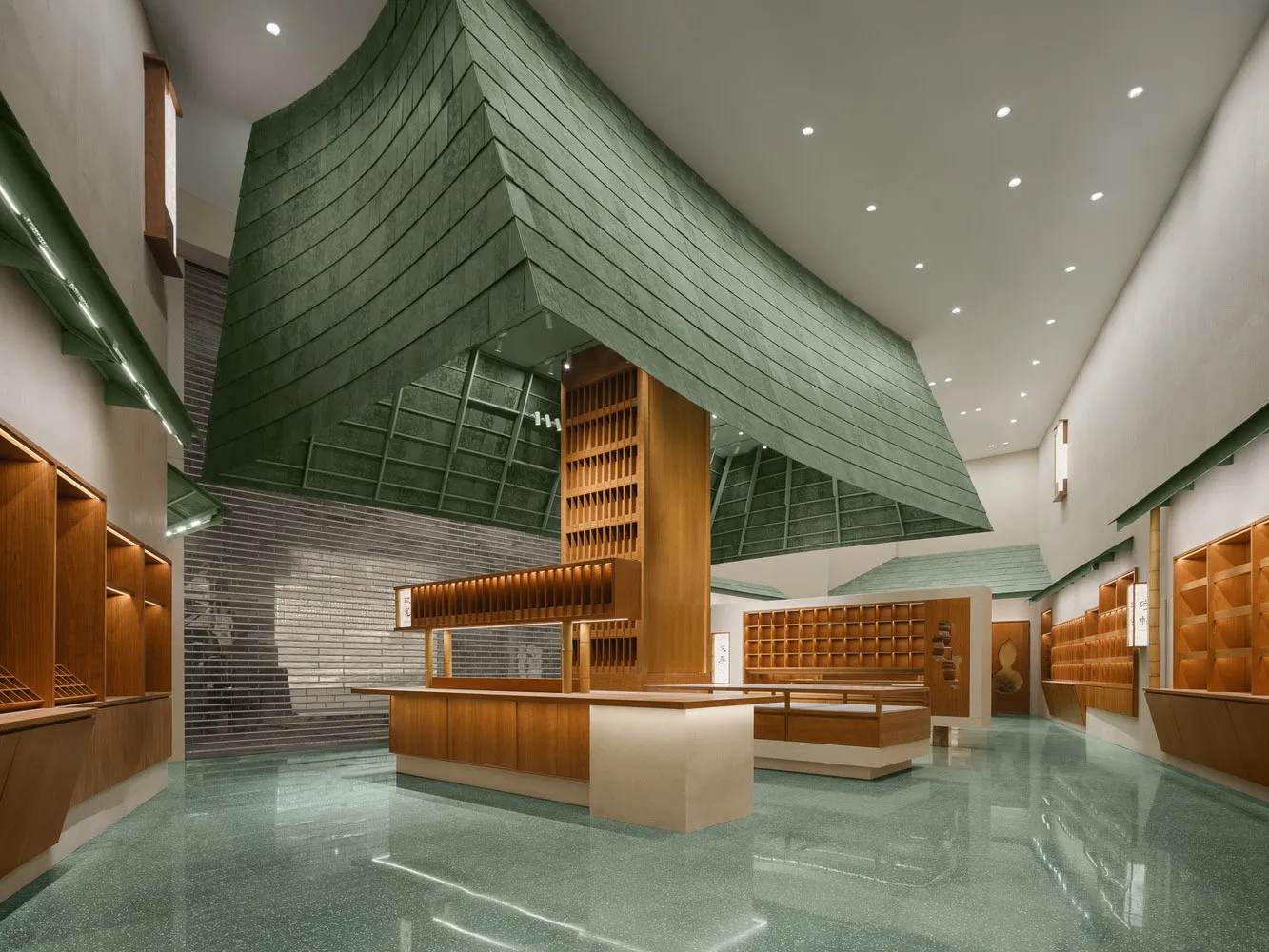 A modern lobby featuring green shingle shading, wooden elements, and concrete flooring.