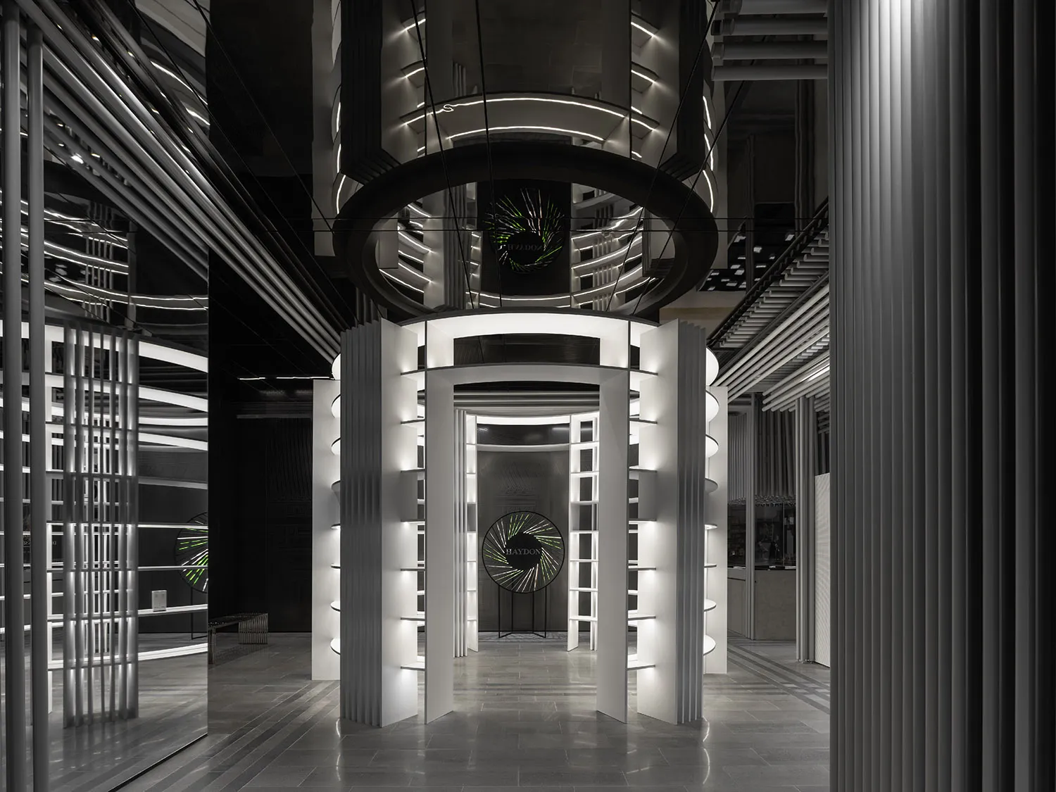 A modern commercial space featuring metal and glass elements.