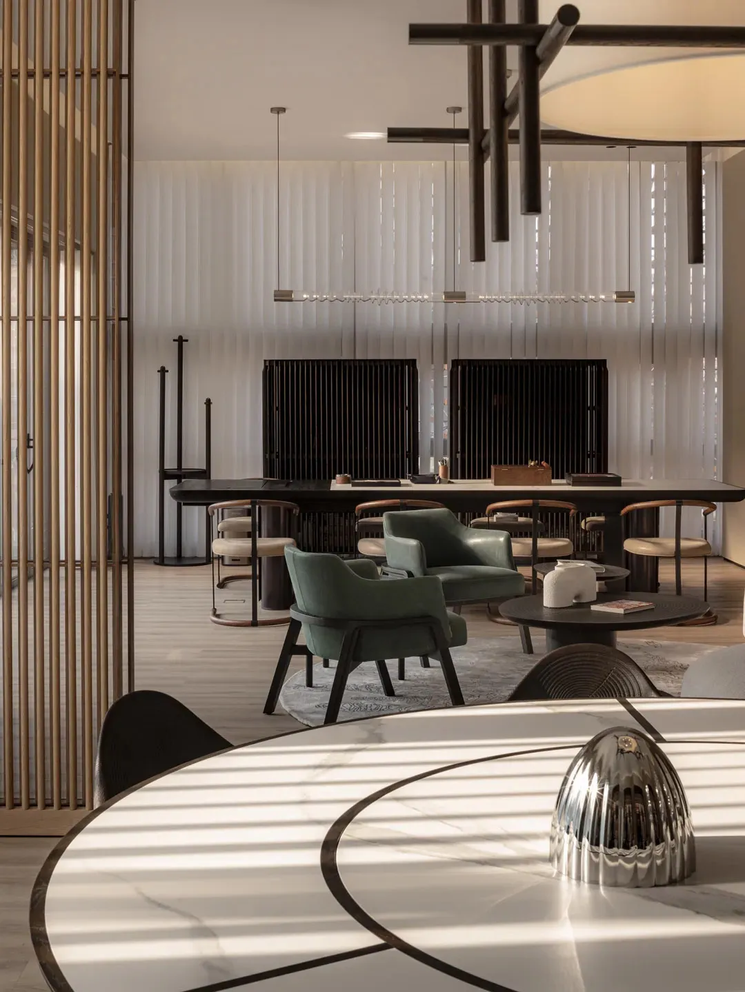 Modern dining room with contemporary furniture and minimalist design.