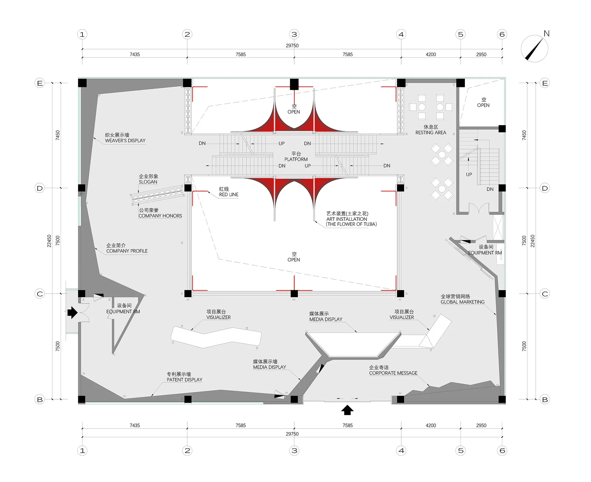 A detailed 2D technical drawing of an industrial building's floor plan, featuring metallic structures and functional zones.