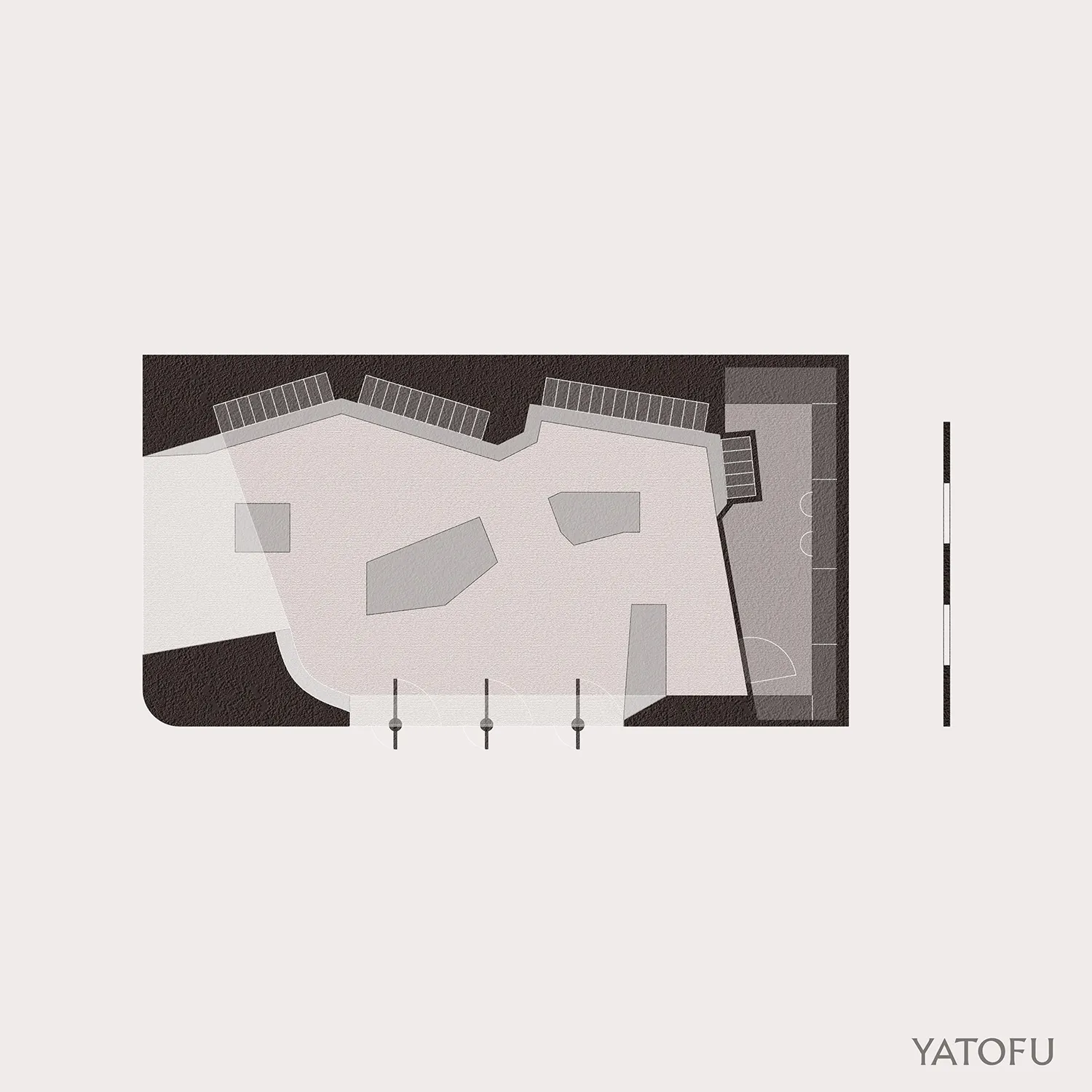 A modern office space featuring concrete walls and floors.