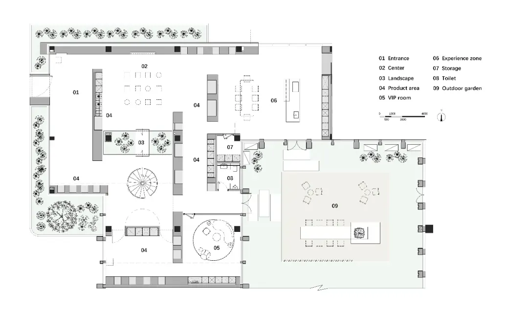 現代辦公空間，中央設有會議區、產品展示區及戶外花園。