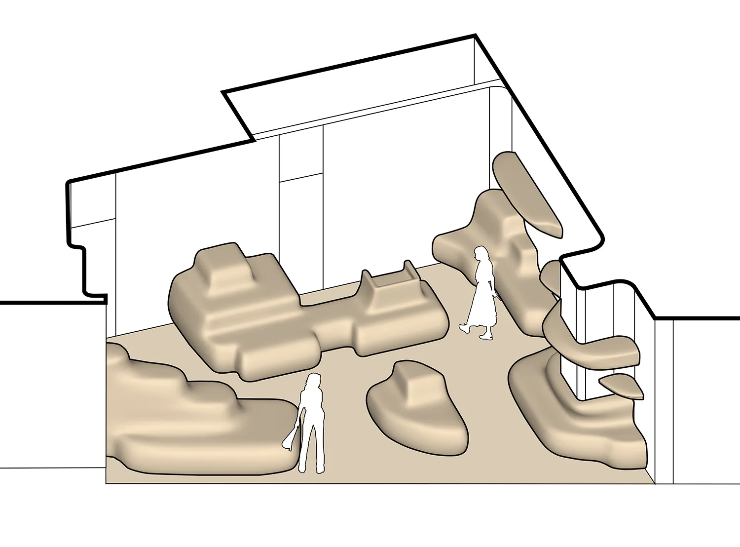 A modern playground area with sand mounds and pathways.