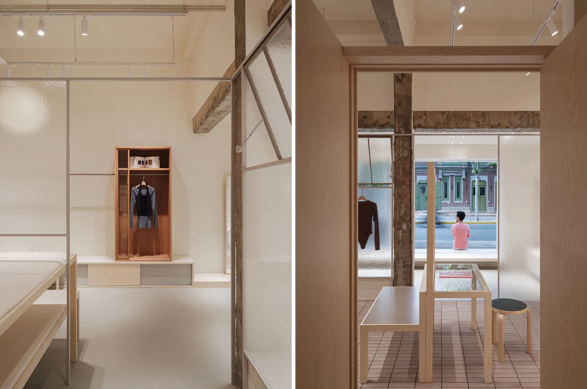 Modern retail storefront showcasing a minimalist design with glass and wooden elements.