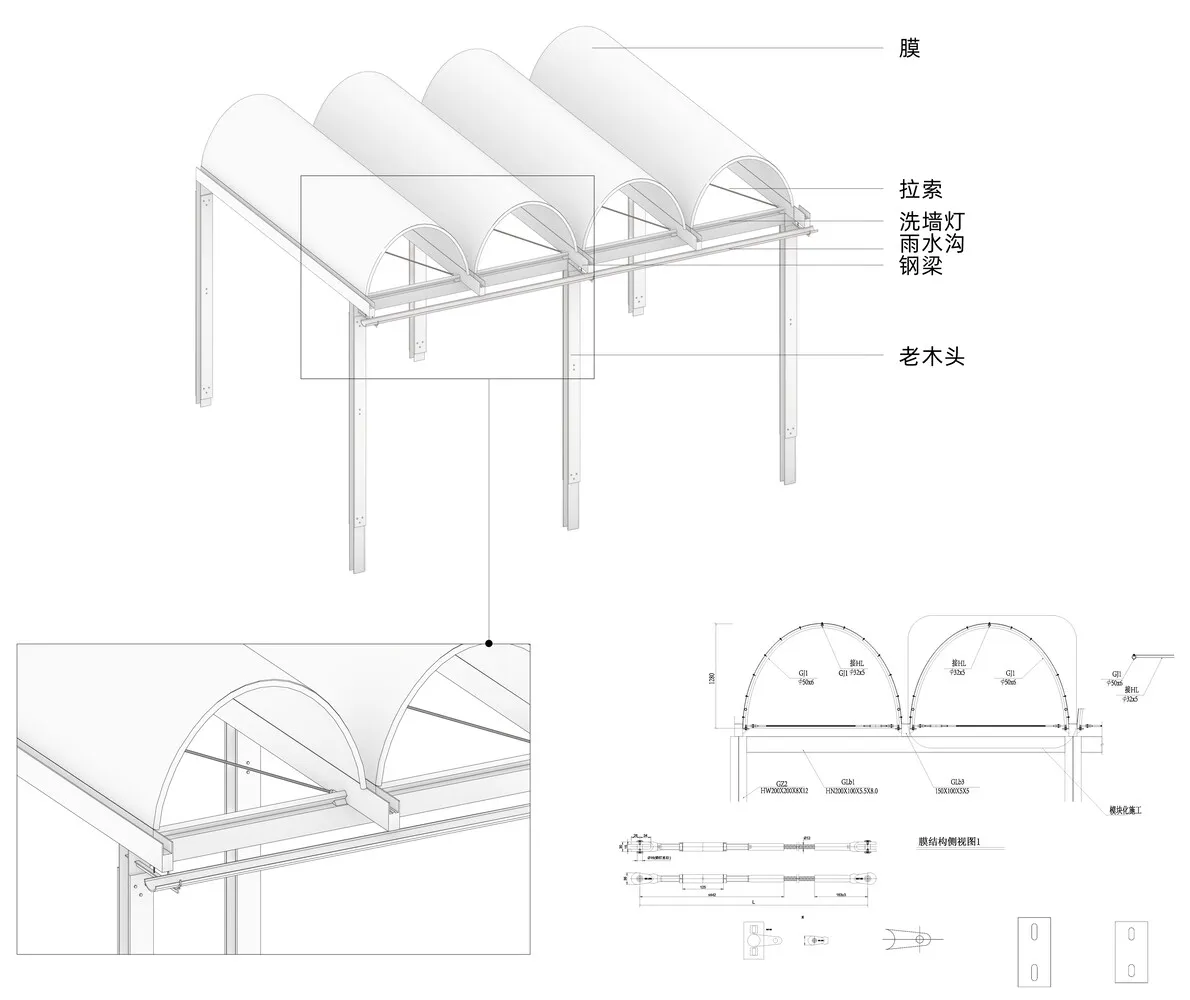 一張技術圖，呈現以金屬與玻璃材料打造的建築結構及薄膜設計。