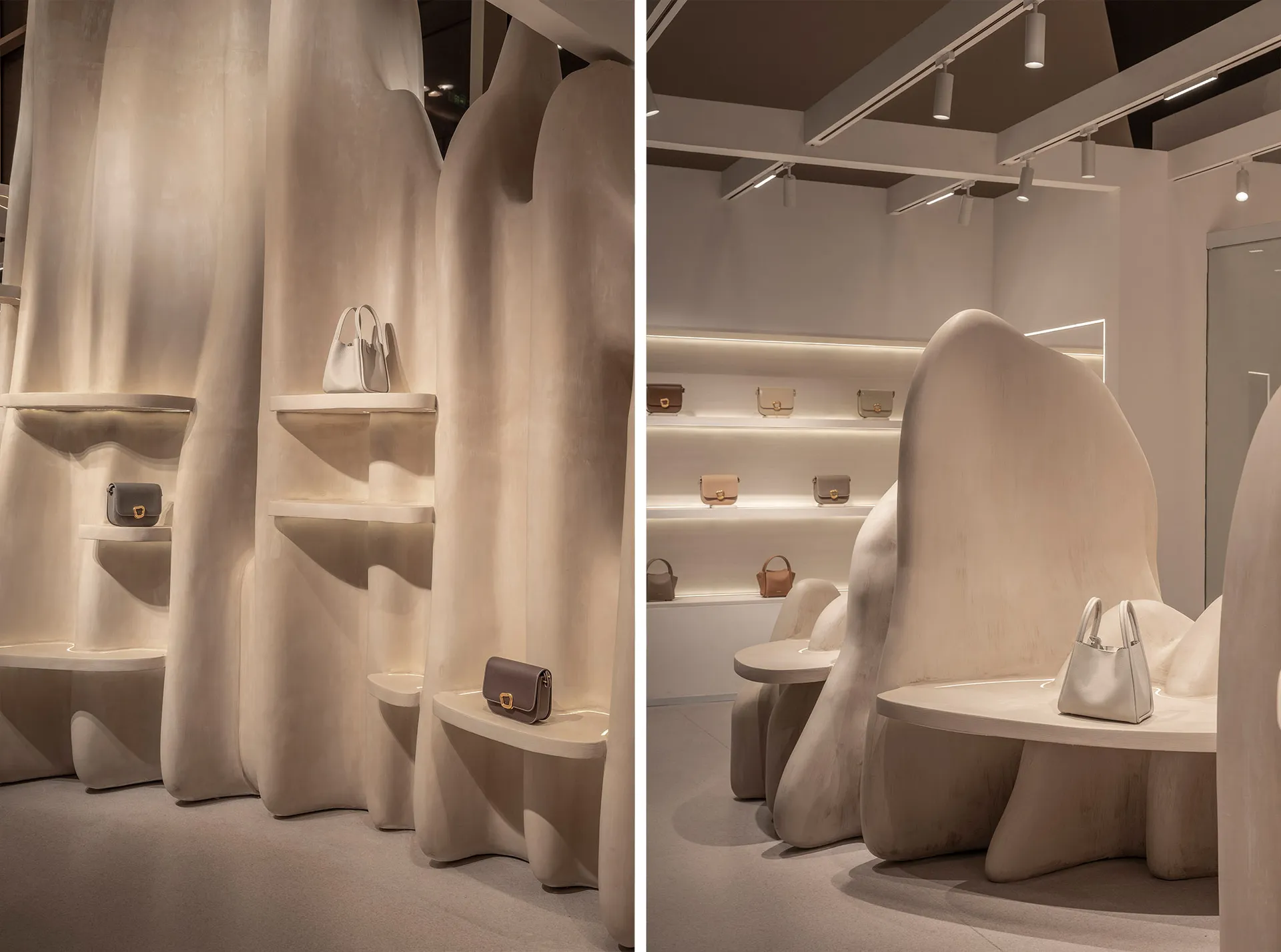 A minimalist retail store featuring concrete elements and bags on display.