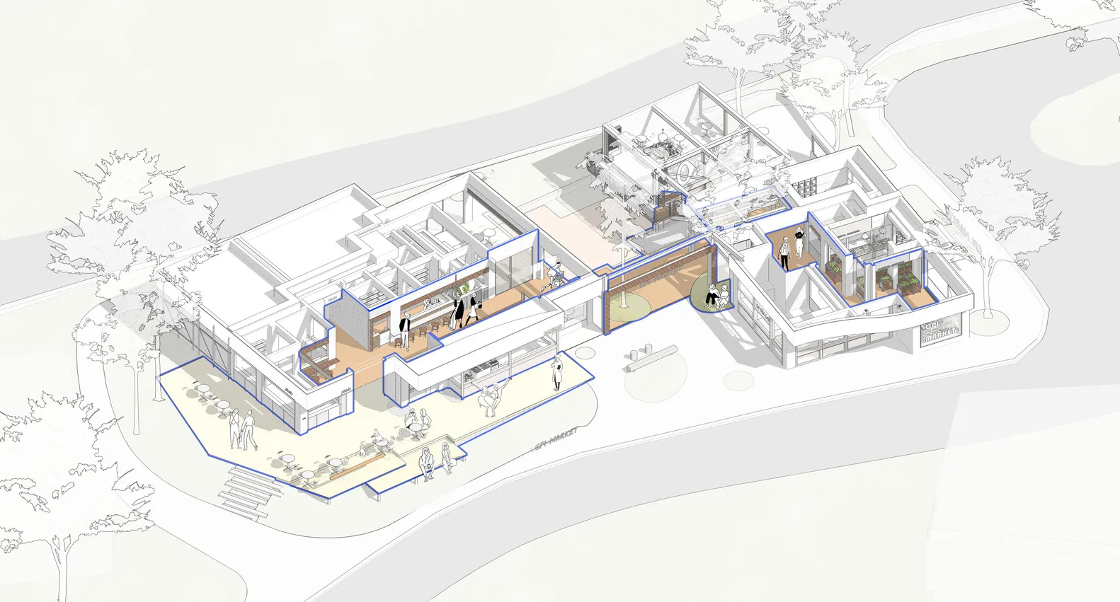 現代辦公空間的2D建築圖,搭配大理石地板、玻璃牆與混凝土元素。