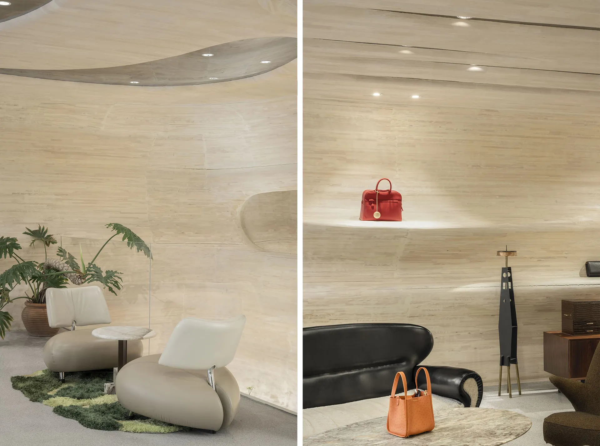 A retail shop with modern design features showcasing a wooden interior and a display shelf with a red handbag.
