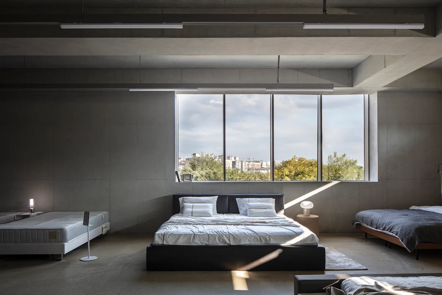 Modern minimalist bedroom with concrete walls, large windows overlooking greenery, and a king-sized bed with white linens.