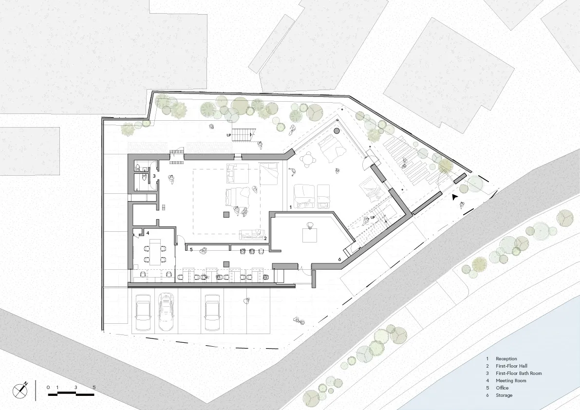 現代辦公空間的詳細建築藍圖,展現混凝土與玻璃元素。