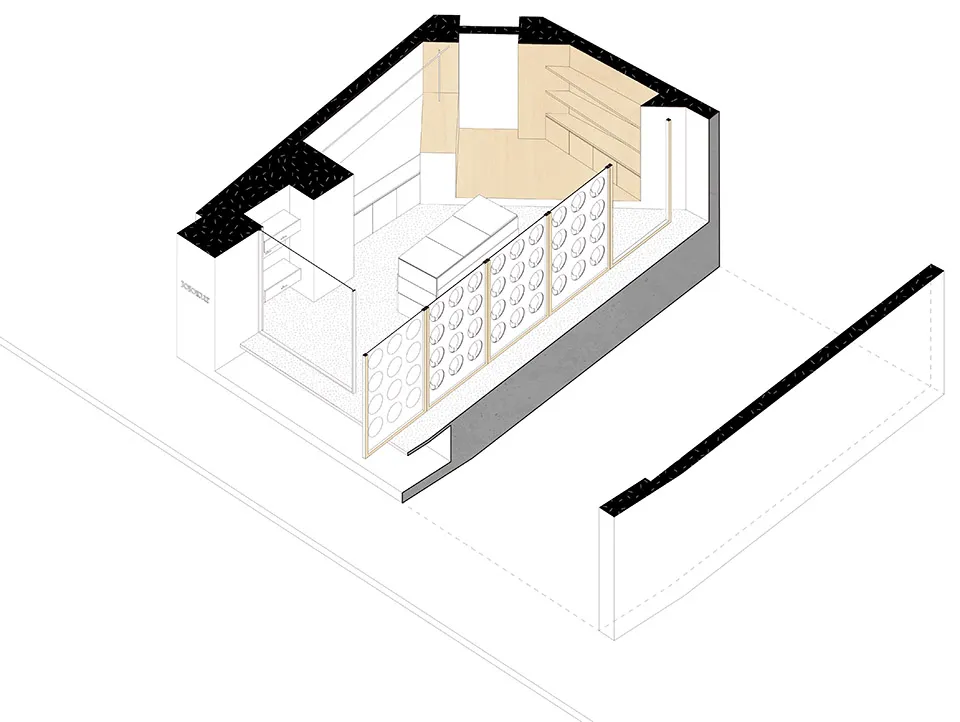 Cross-sectional view of a modern minimalist bedroom with wooden elements and a bed.