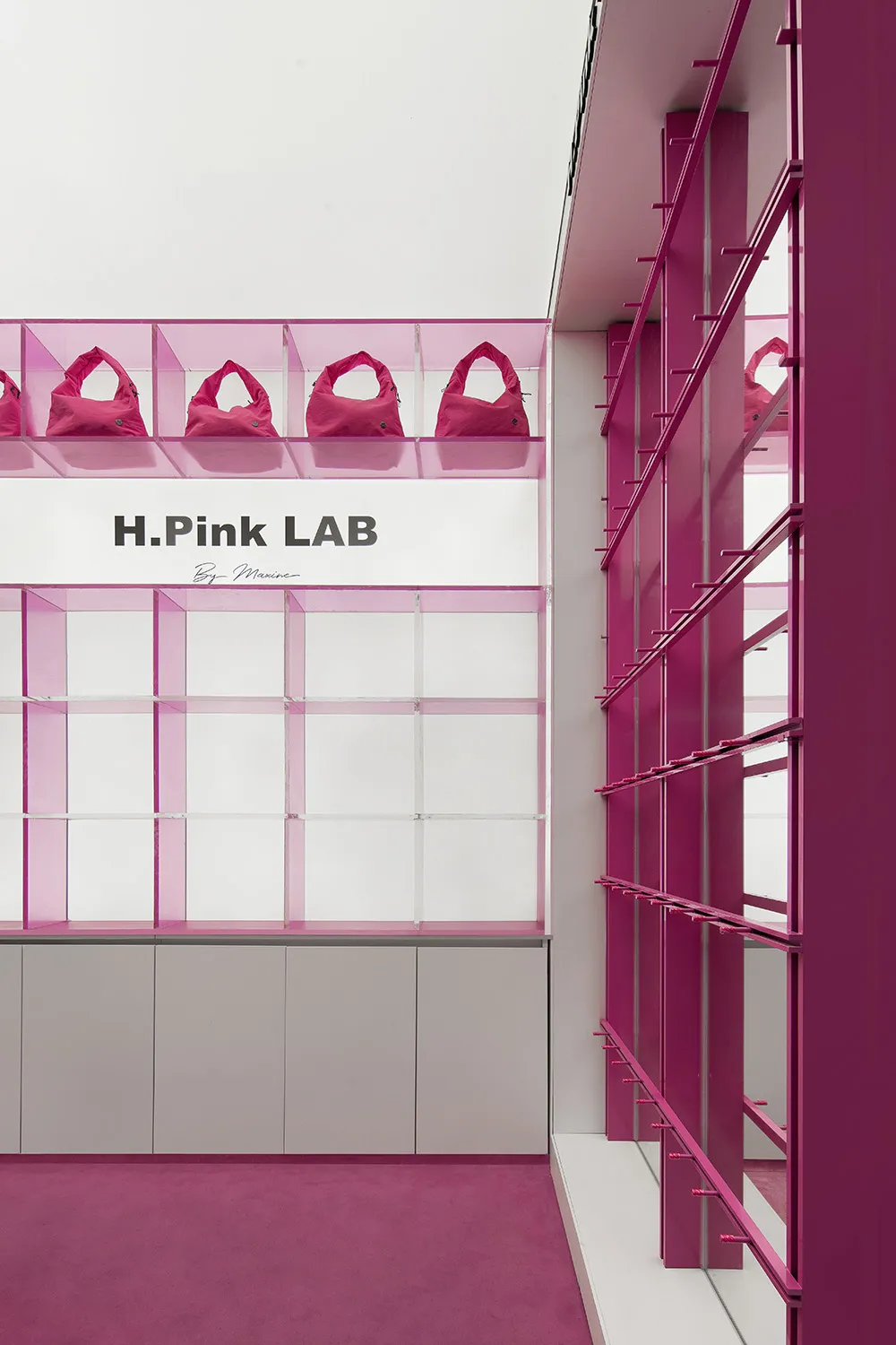 Pink bags displayed on acrylic shelves within a retail design setting.
