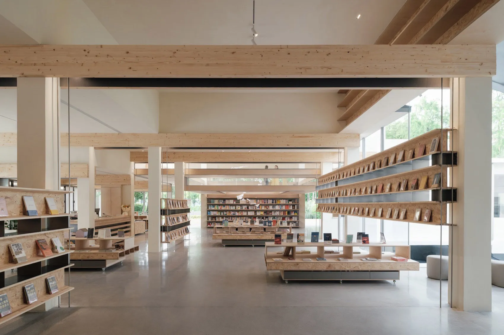 A spacious, minimalist library with wooden shelves and numerous books.