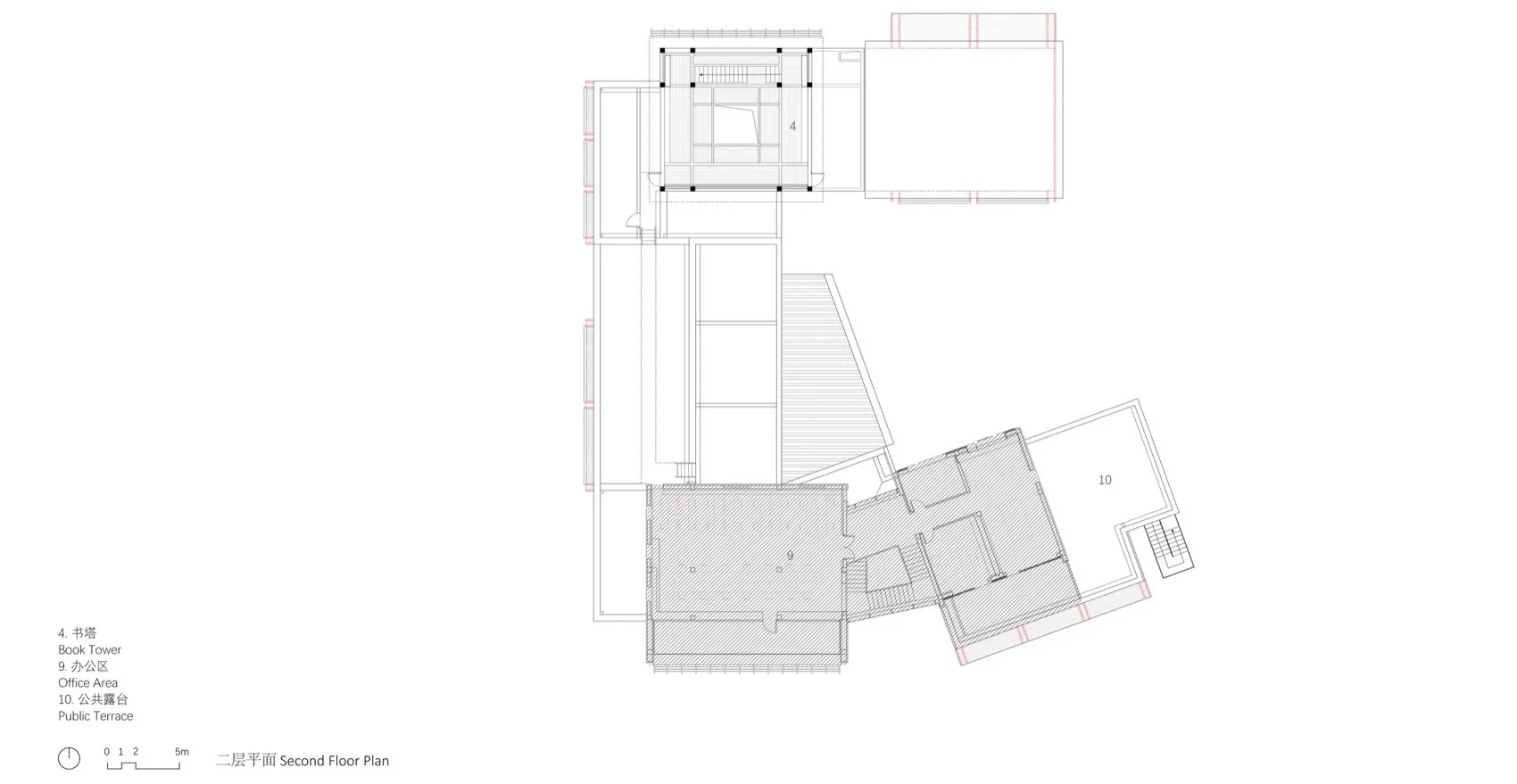 Second floor architectural plan of a modern building, showing functional zones and spatial composition.