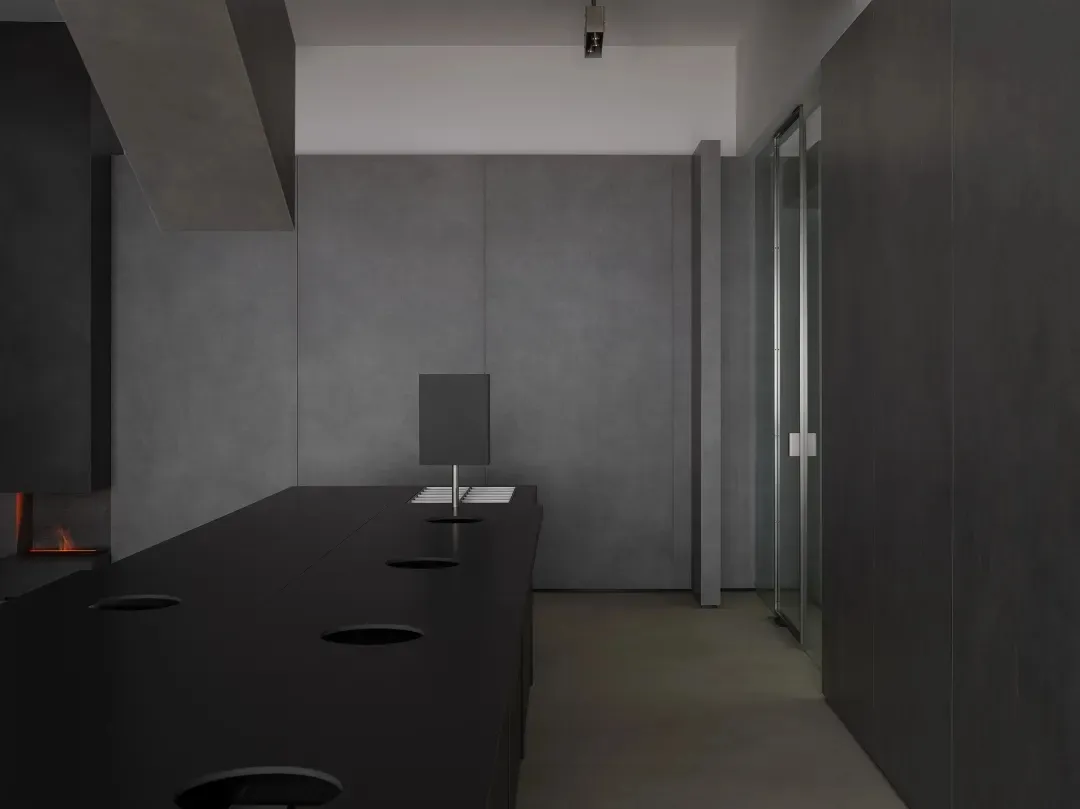 現代簡約辦公大廳,混凝土牆面與地板,搭配玻璃隔間與燈具。