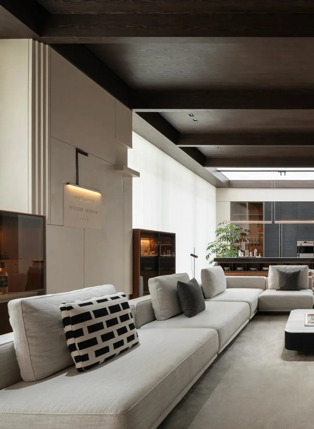 A modern contemporary living room with a grey sectional sofa adorned with black and white throw pillows.
