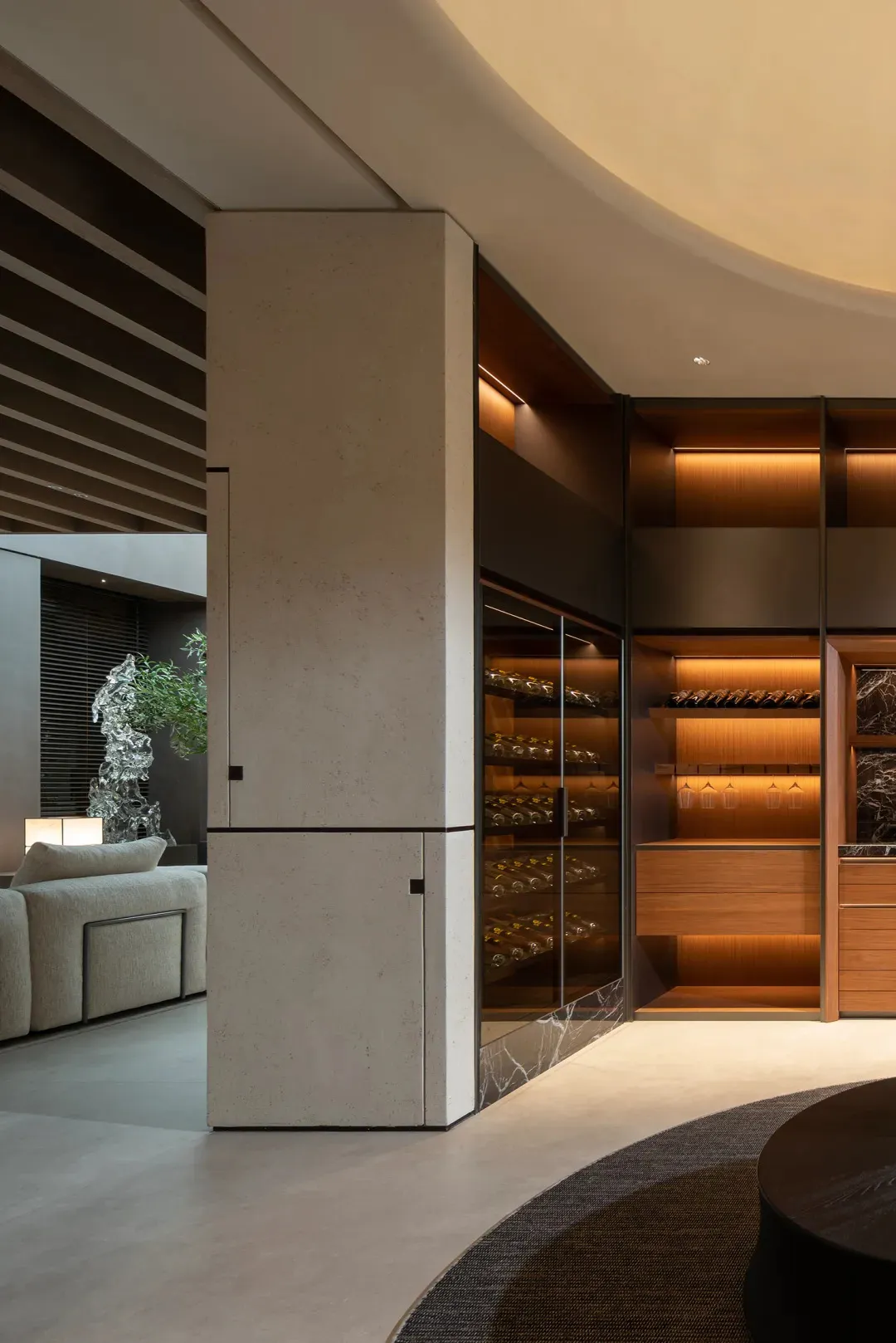Modern interior with cement composite wine racks displaying various wine bottles