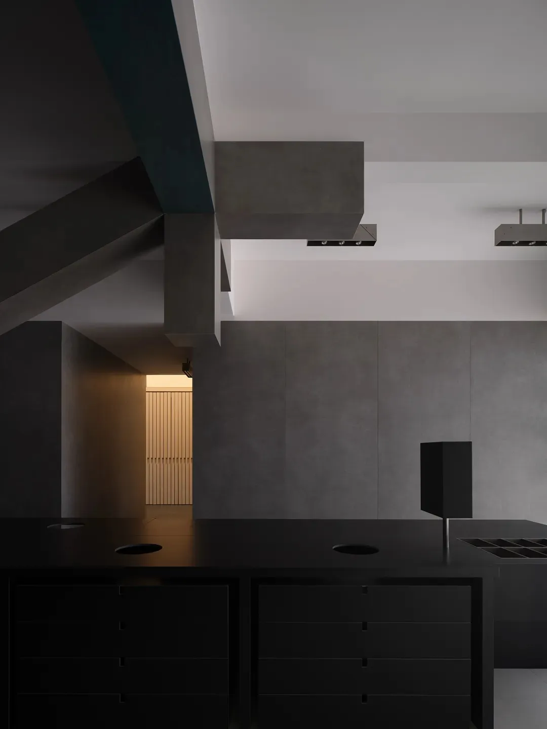 Modern kitchen with concrete walls and floor, minimalist design aesthetic