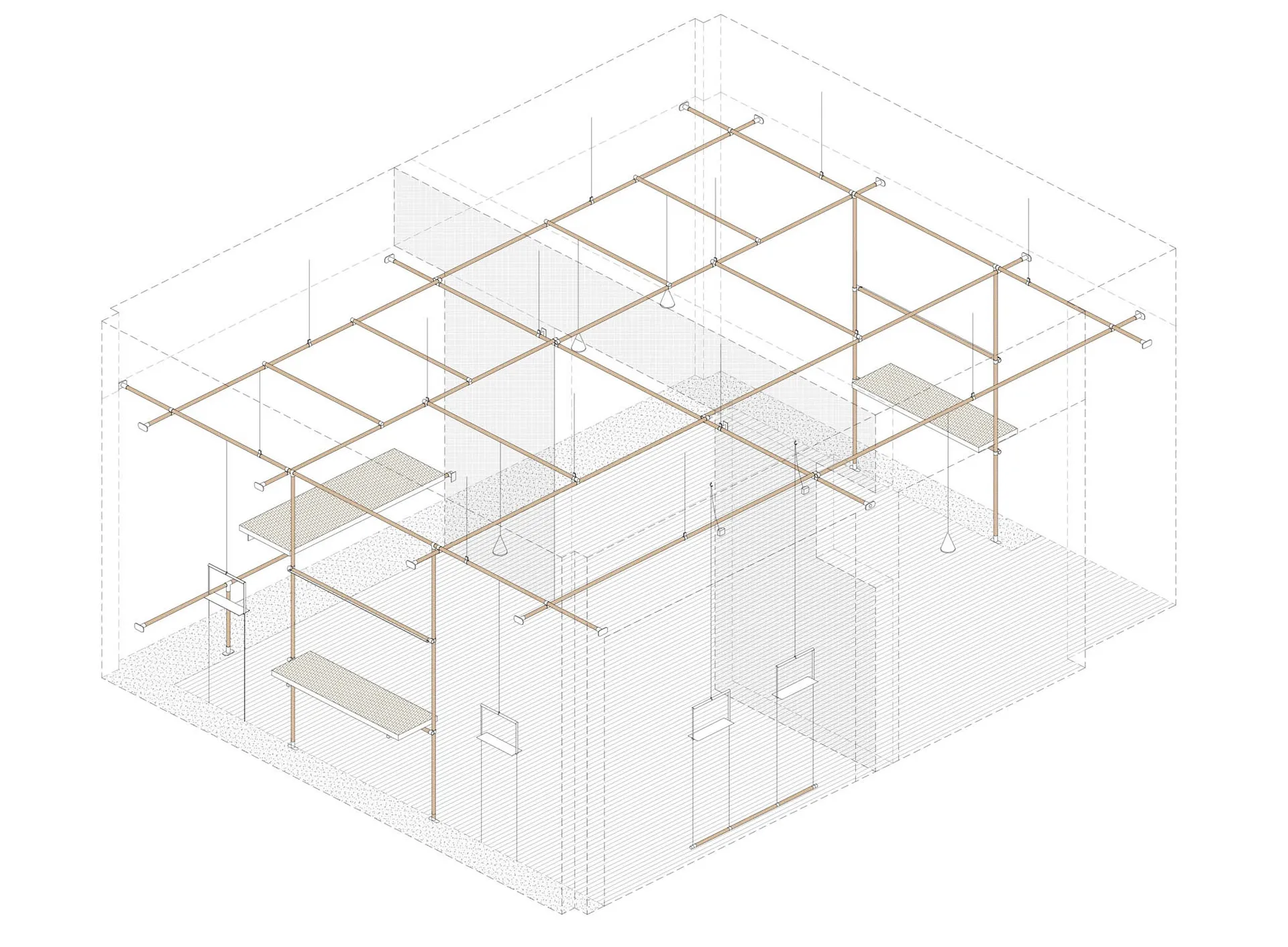 Isometric view of a wooden-beam and concrete-floored building structure